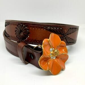 B-Low the Belt Brown Leather Belt with Orange Flower Buckle Size 32
